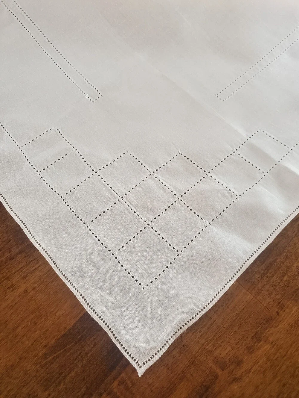 Vintage Pale Pink Open Work Hemstitched Linen Tablecloth 40